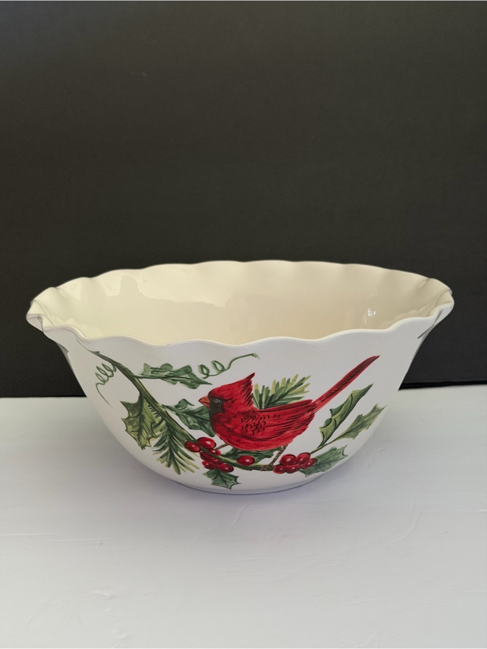 Maxcera White Christmas Large Ceramic Salat Bowl with Cardinal Bird 10x4.5”